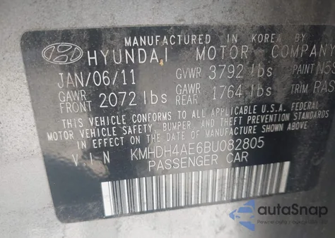 2011 Hyundai Elantra Gls (Ulsan Plant) z USA, uszkodzony, nr VIN KMHDH4AE6BU082805